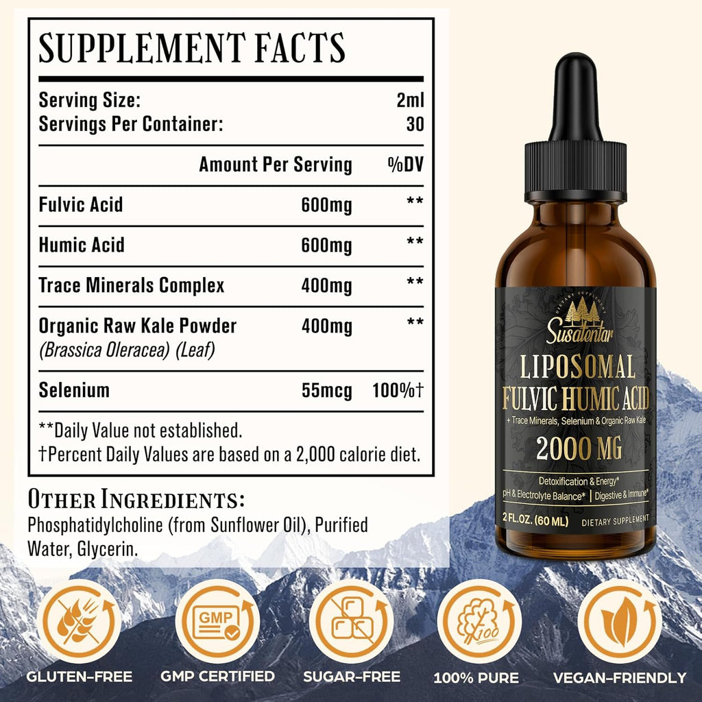 2000 MG Liposomal Fulvic Acid + Humic Acid + Trace Minerals Complex - More Potent Than Shilajit, Electrolytes Liquid Supplement with Organic Kale for Energy, Digestion, Immunity & pH Balance, 4 Oz