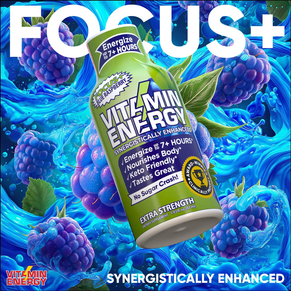 Vitamin Energy Focus+ Extra Strength Energy Shot Blue Raspberry 10 Pack, 260mg Natural Caffeine, B-Vitamins, CoQ10, Amino Acids, Focus, Productivity & Clarity, Zero Sugar, Gluten-Free, 1.93 fl oz