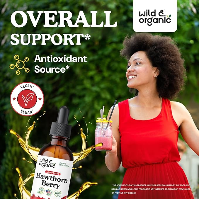 Wild & Organic Hawthorn Berry Extract Drops 600 mg - Liquid Hawthorne Supplement for Overall Support - Vegan, Sugar & Alcohol-Free Herb Tincture - 2 fl oz