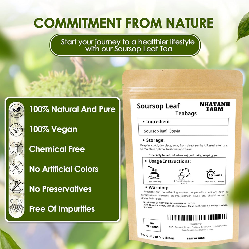 NHAT ANH FARM - Premium Soursop Leaves Tea Bags - Dried Soursop Graviola Leaves 40 Teabags, 2.5g/bag - Sugar/Caffeine/Gluten Free. Support Healthy Skin & Sleep