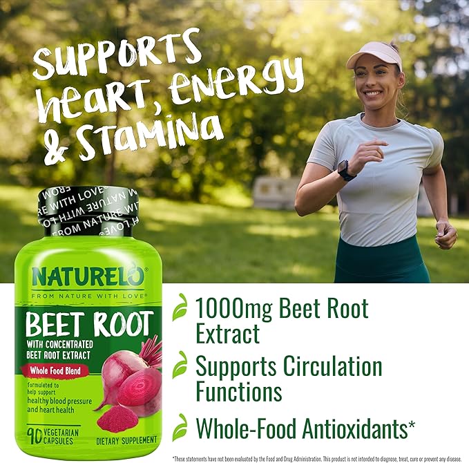 NATURELO Beet Root 90 Capsules – Heart Health & Blood Pressure Support* – 1000mg Beet Root Extract + Whole Food Blend – Non-GMO, Vegan, Gluten-Free