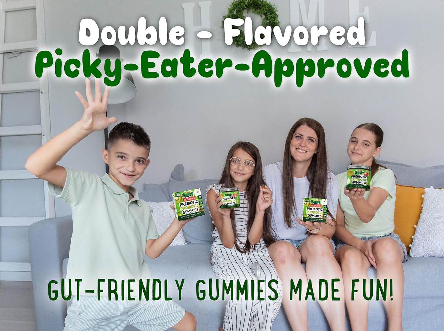 Center-Filled Kids Probiotic Gummies - with Prebiotic and Vegan Inulin Fiber for Digestive Support - Gut Health Supplement for 3+ Yo Children & Teens - Delicious Apple & Kiwi Flavor - 60 CT