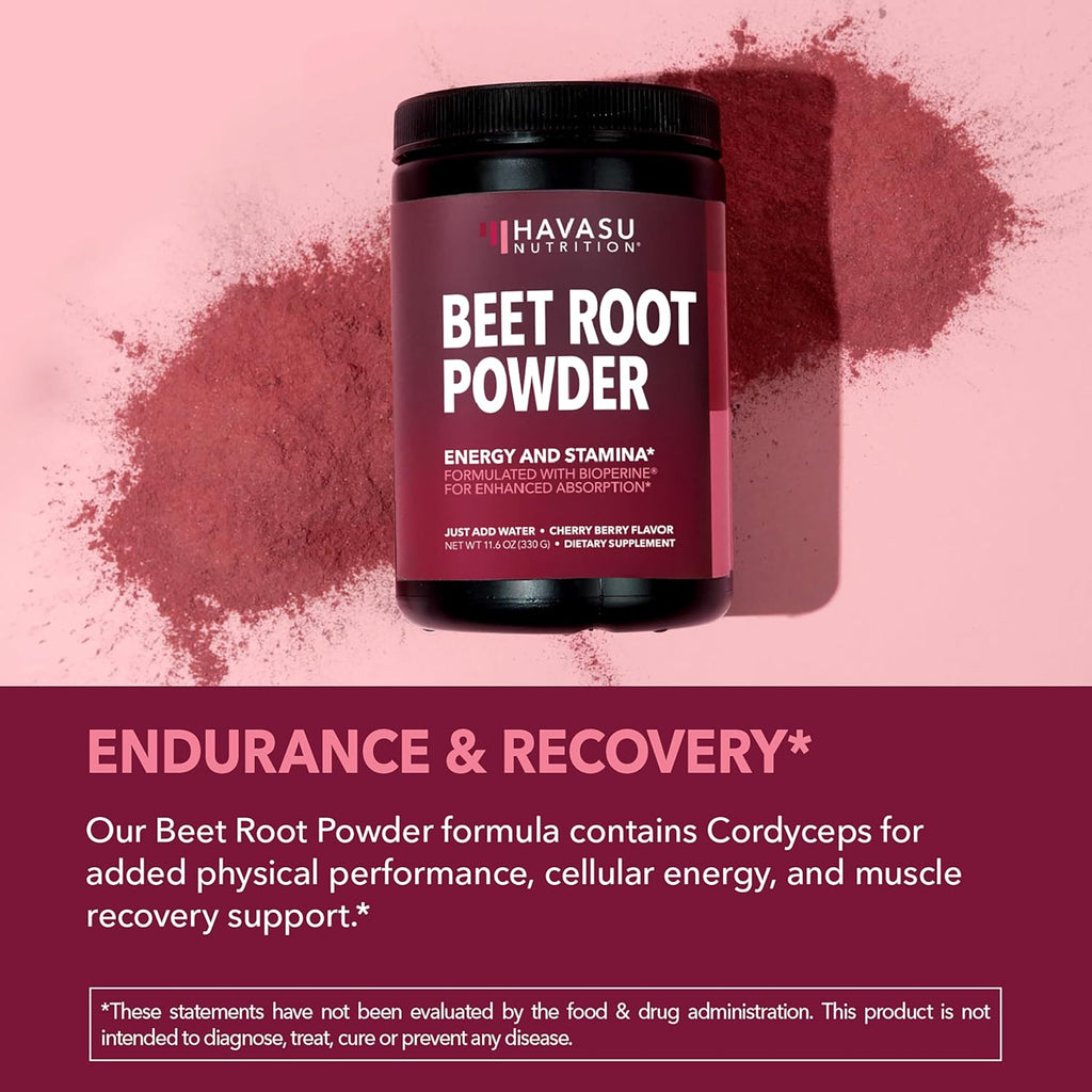 Organic Beet Root Powder with Vitamin B12 & Coryceps - Nitric Oxide Supplement - Beetroot Powder for Energy & Post Workout Recovery - Mix with Water or Smoothies, Cherry Berry Flavor - 30 Servings