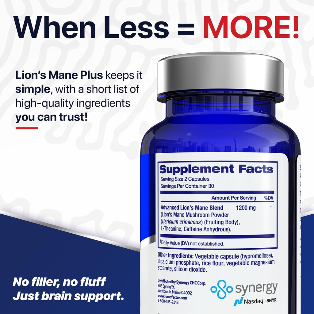 Focus Factor Lions Mane Plus, Advanced Nootropic with L-Theanine, Caffeine, Focus and Energy (60 Count) (Pack of 2)