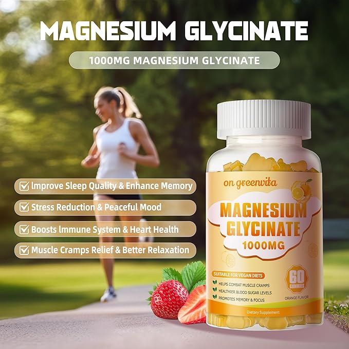 Magnesium Glycinate Gummies 1000mg - Sugar Free Magnesium Potassium Supplement with Vitamin D, B6, CoQ10 for Calm Mood & Sleep Support - 60 Orange Gummies