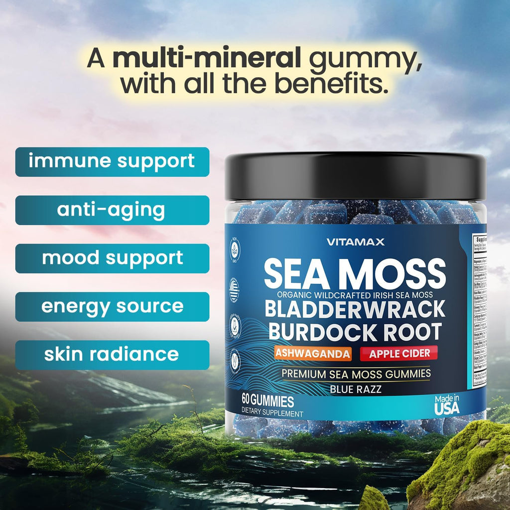 Irish Sea Moss Gummies, Sea Moss, Bladderwrack, Ashwagandha, Burdock Root, ACV - Multi-Mineral - Non-GMO and Vegan – Made in USA – 60ct