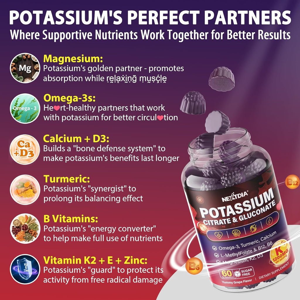 Potassium Citrate and Potassium Gluconate Supplement, 1200mg Two Forms of Potassium Gummies, w/Magnesium, Omega-3, Calcium, Vitamin D3 K2 B12 E B6, Folate for Muscles, Nerves, Health Bones, 120Cts