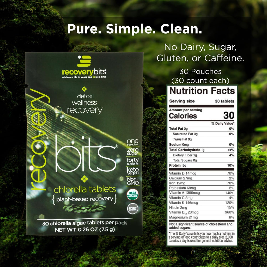 RECOVERYbits - Organic Chlorella Tablets - Plant-Based Algae Superfood - Chlorophyll - Cracked Cell Wall - Energy - Immune System - Detox - Keto - Vegan - Non-GMO - Box of 30 Pouches - 900 Tablets