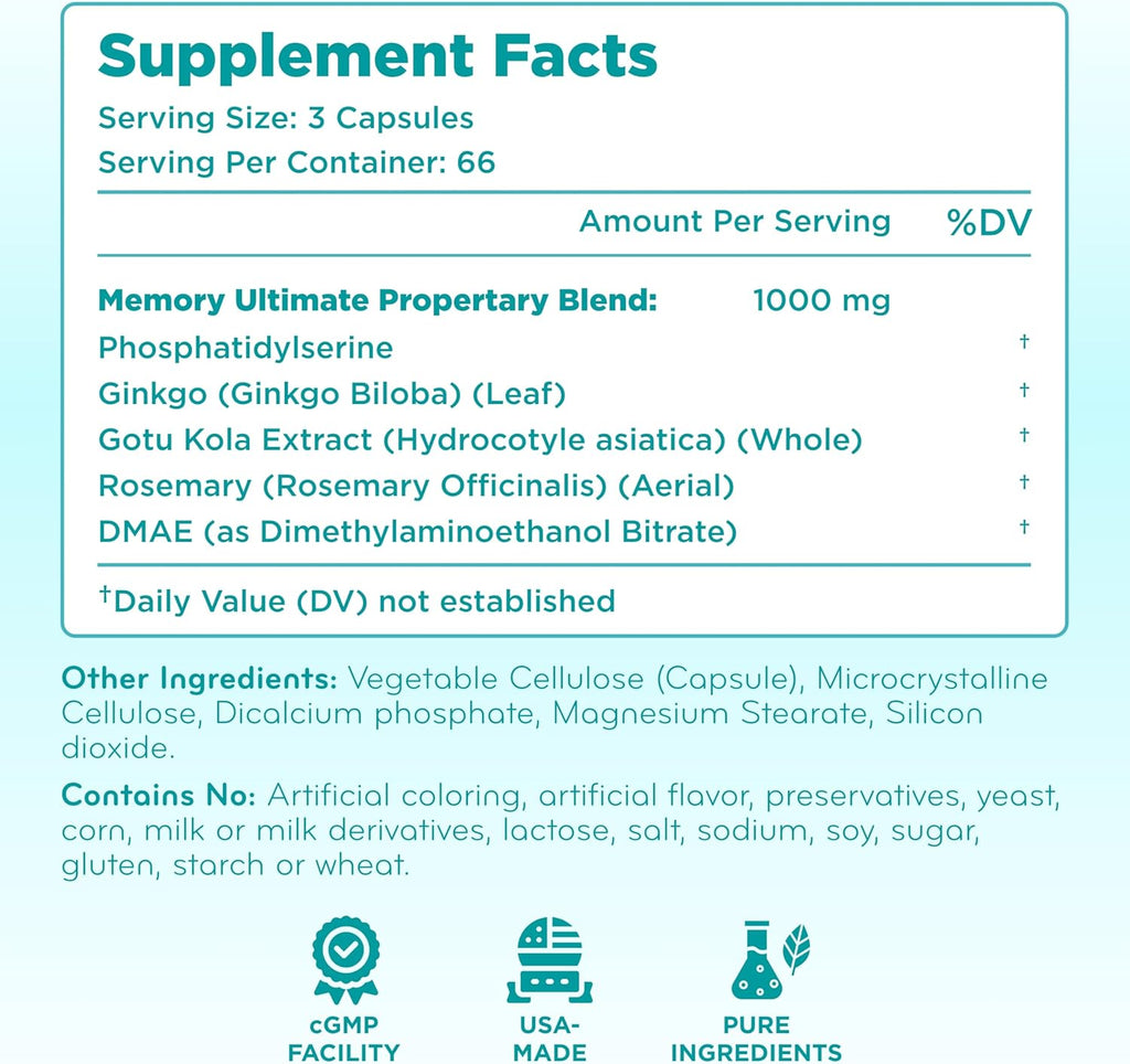 Phosphatidylserine Nootropics Brain Support Supplement - Advanced Memory Supplement for Brain Function Support with DMAE Gotu Kola and Ginkgo Biloba - Non-GMO Vegan & Made in The US (60+ Servings)
