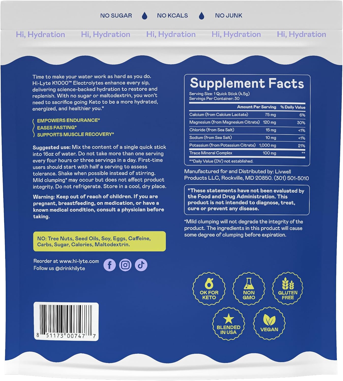 Hi-Lyte K1000 Electrolytes Sticks Unflavored Keto & Performance, 30 Servings