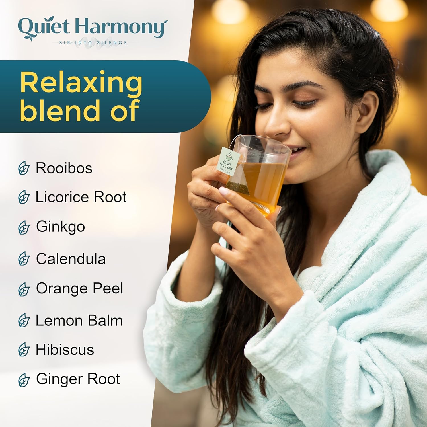 Quiet Harmony Tinnitus Relief Tea – Serenity Soundscape Blend | Ultra Premium Functional Herbal Tea for Ear Health & Nervous System Support | Rooibos, Ginkgo, Lemon Balm | 20 Pyramid Bags | Caffeine-Free
