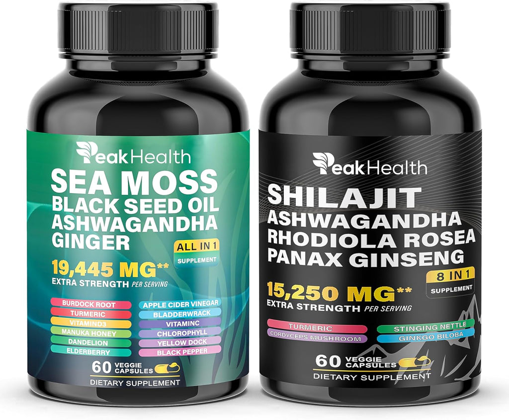 Shilajit Sea Moss Black Seed Oil Ashwagandha Capsules for Man Woman,2 Bottle Combo with Turmeric, Panax Ginseng, Rhodiola,19,445mg Herbal Formula,Energy & Immune Support, 60 Capsules,Easy to Swallow