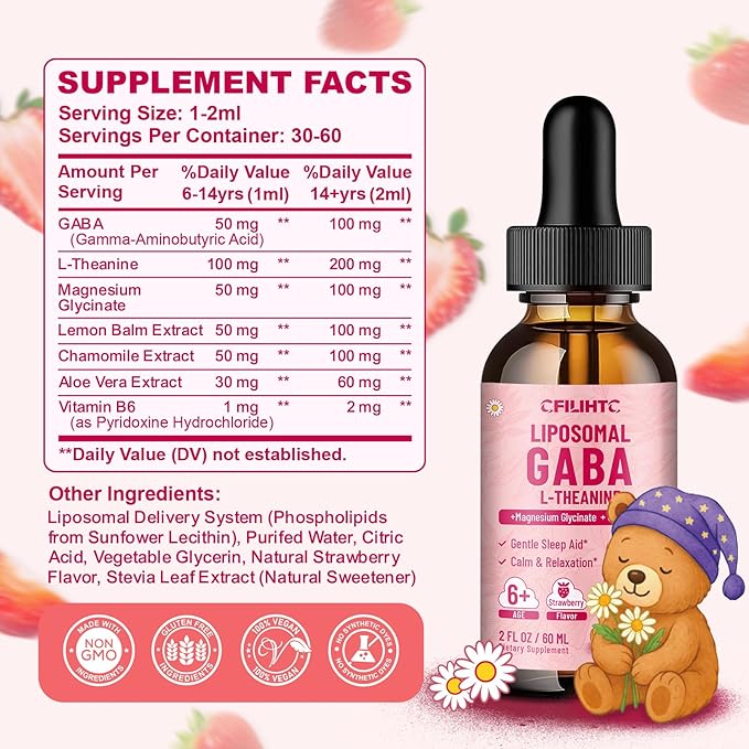 2 Pack Liposomal GABA L-Theanine Drops for Kids - Liquid GABA Supplement with Magnesium, Chamomile, Lemon Balm & Vitamin B6 - Support Relaxation, Focus & Stress Relief for Kids & Adults - Strawberry