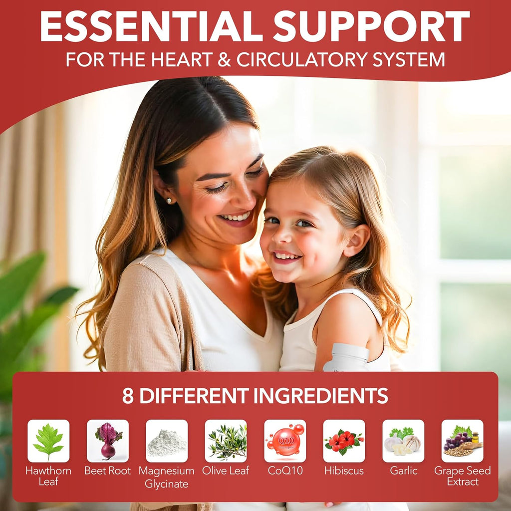 Healthy Heart - CoQ10 - Cholesterol - Circulation - Inflammation - Blood Pressure - Plaque - Cortisol - Arteries - LDL - HDL - Hawthorne - Beet Root - Garlic - Olive Leaf - Hibiscus - 120 Count