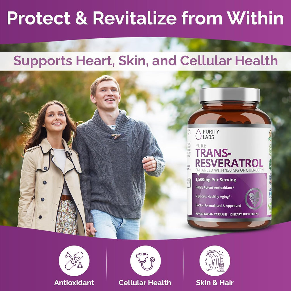 Purity Labs Pure Organic Trans Resveratrol Supplement with Quercetin, Vegan Antioxidant Nutritional Supplements for Heart, Skin, Hair, Nails | Sourced from Japanese Knotweed | 90 Capsules