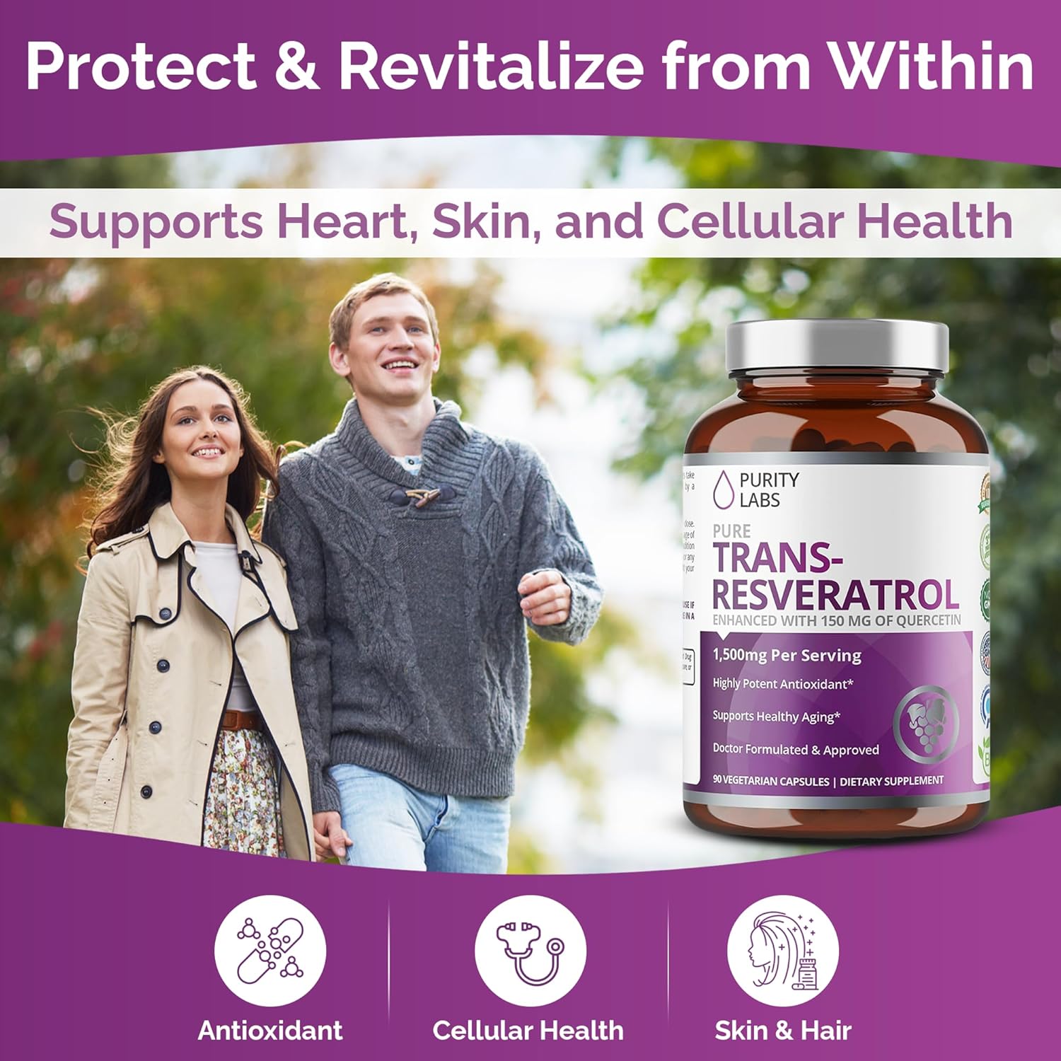 Purity Labs Pure Organic Trans Resveratrol Supplement with Quercetin, Vegan Antioxidant Nutritional Supplements for Heart, Skin, Hair, Nails | Sourced from Japanese Knotweed | 90 Capsules