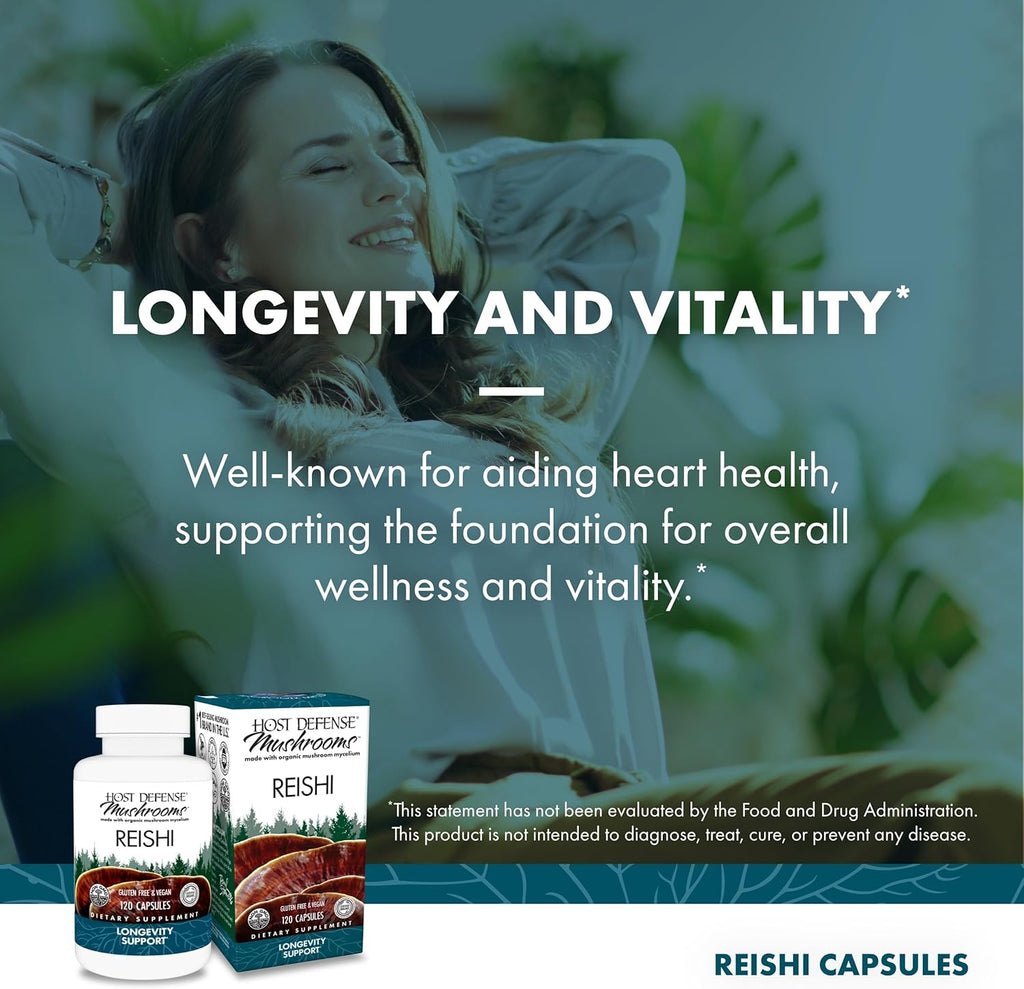 Host Defense Reishi Capsules - Heart & Immune Health Support Supplement - Mushroom Supplement to Support Energy & Vitality - Reishi Supplement to Aid Overall Well-Being - 120 Capsules