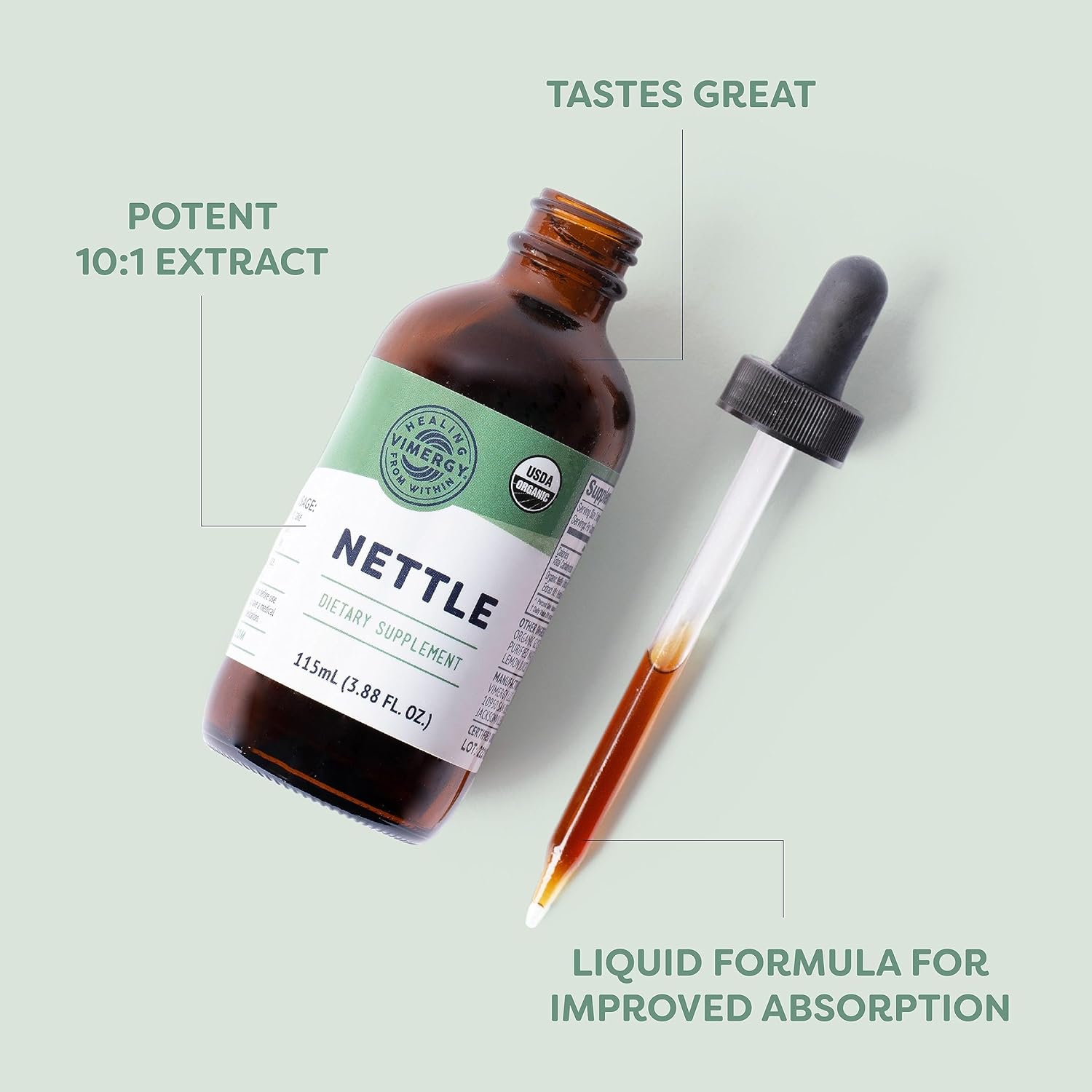 Vimergy Nettle – Superfood for Healthy Cellular Response* – Promotes Bone Health* – USDA Certified Organic, Vegan, Gluten-Free – 115 mL (57 Servings)