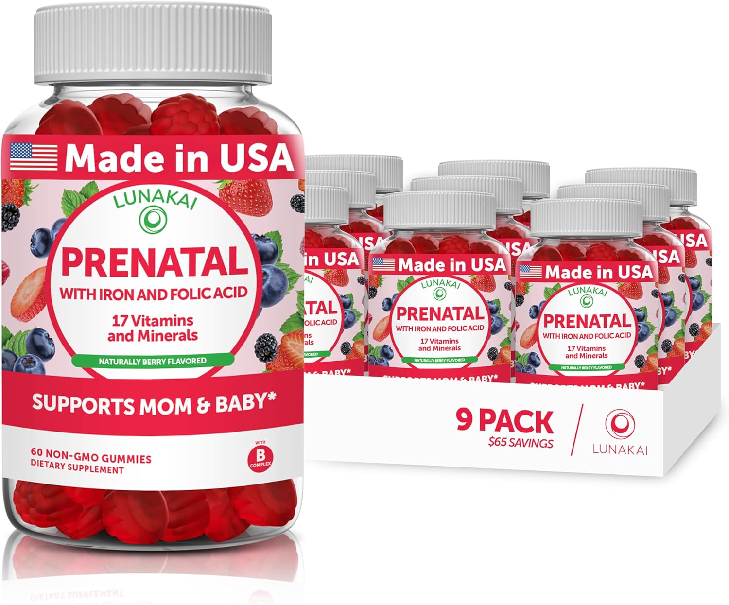 Prenatal Vitamins for Women with Iron & Folic Acid - Tastiest Proprietary Formula - Daily Pregnancy Multivitamin with Vit.A,B complex, C,D,E,Zinc - Non-GMO Prenatal Vitamin Gummies for Women, 9 Pack