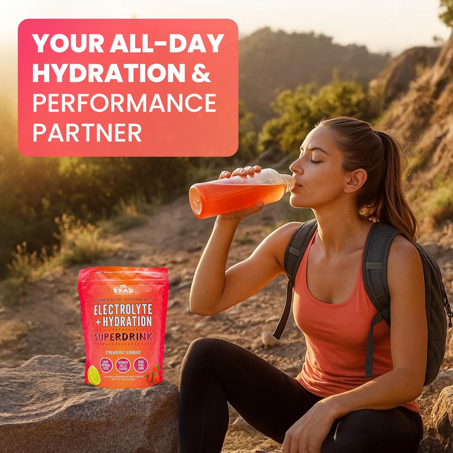 B.rad Superdrink Sugar-Free Electrolyte & Hydration Powder w/Creatine | Plus Brain & Recovery Boosters | 30 Jumbo Single-Serving Packets of 11.5g | Light, Natural Strawberry Lemonade Flavor