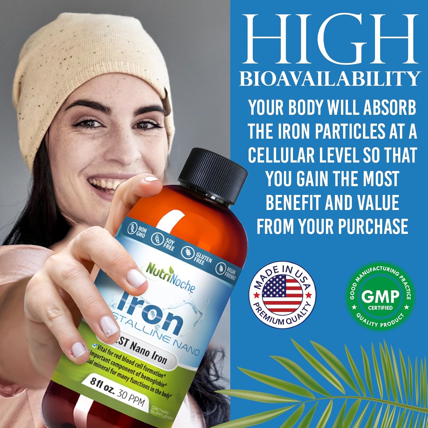 Liquid Iron Supplement for Women - High Potency Sublingual Iron Drops - Vegan Liquid - Tasteless Flavor - Premium Supplement for Men, Women & Kids - 8 Ounces - Nutrinoche