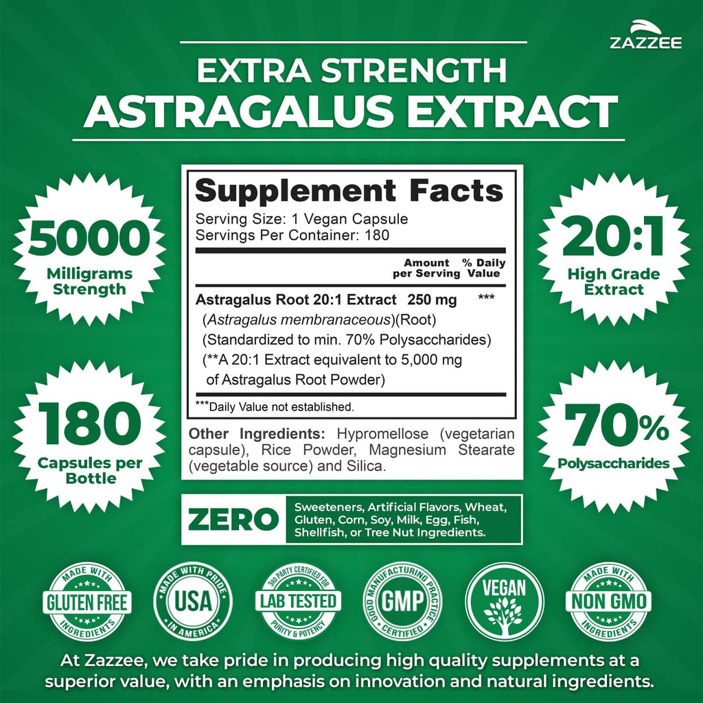 Zazzee Extra Strength Astragalus Root 20:1 Extract, 5000 mg Strength, 70% Polysaccharides, 180 Vegan Capsules, 6 Month Supply, 100% Vegetarian, Standardized and Concentrated 20X Extract, Non-GMO