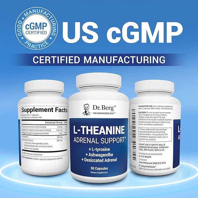 Dr. Berg L-Theanine 200mg - Includes Zinc, Copper, L-Tyrosine, & Ashwagandha – L-Theanine Supplement Adrenal Support - for Relaxation, Stress Relief, and Mental Clarity* – 90 Gelatin Capsules