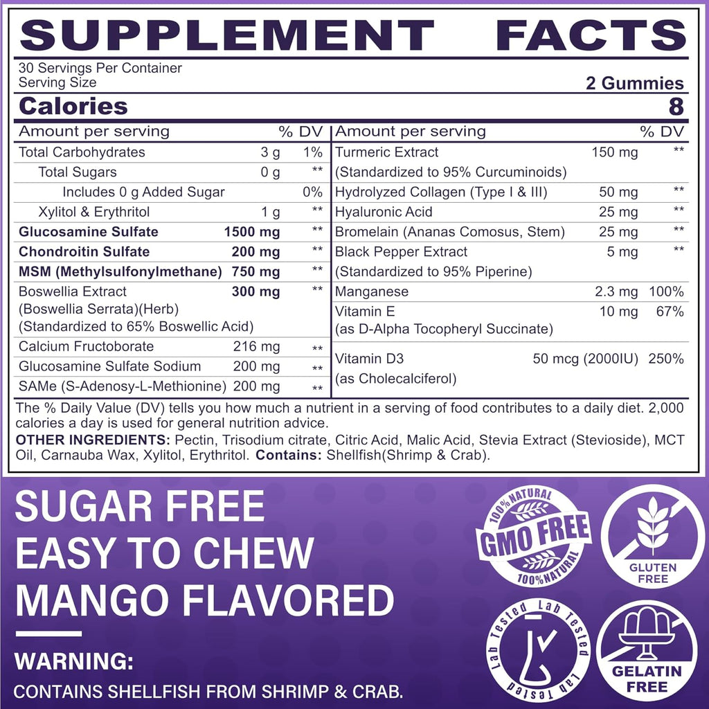 Glucosamine Chondroitin Gummies, Sugar Free Glucosamine Chondroitin MSM Supplement, Extra Strength with Boswellia Turmeric, Hydrolyzed Collagen & Hyaluronic Acid, Bone Health for Men & Women, 120 Cts