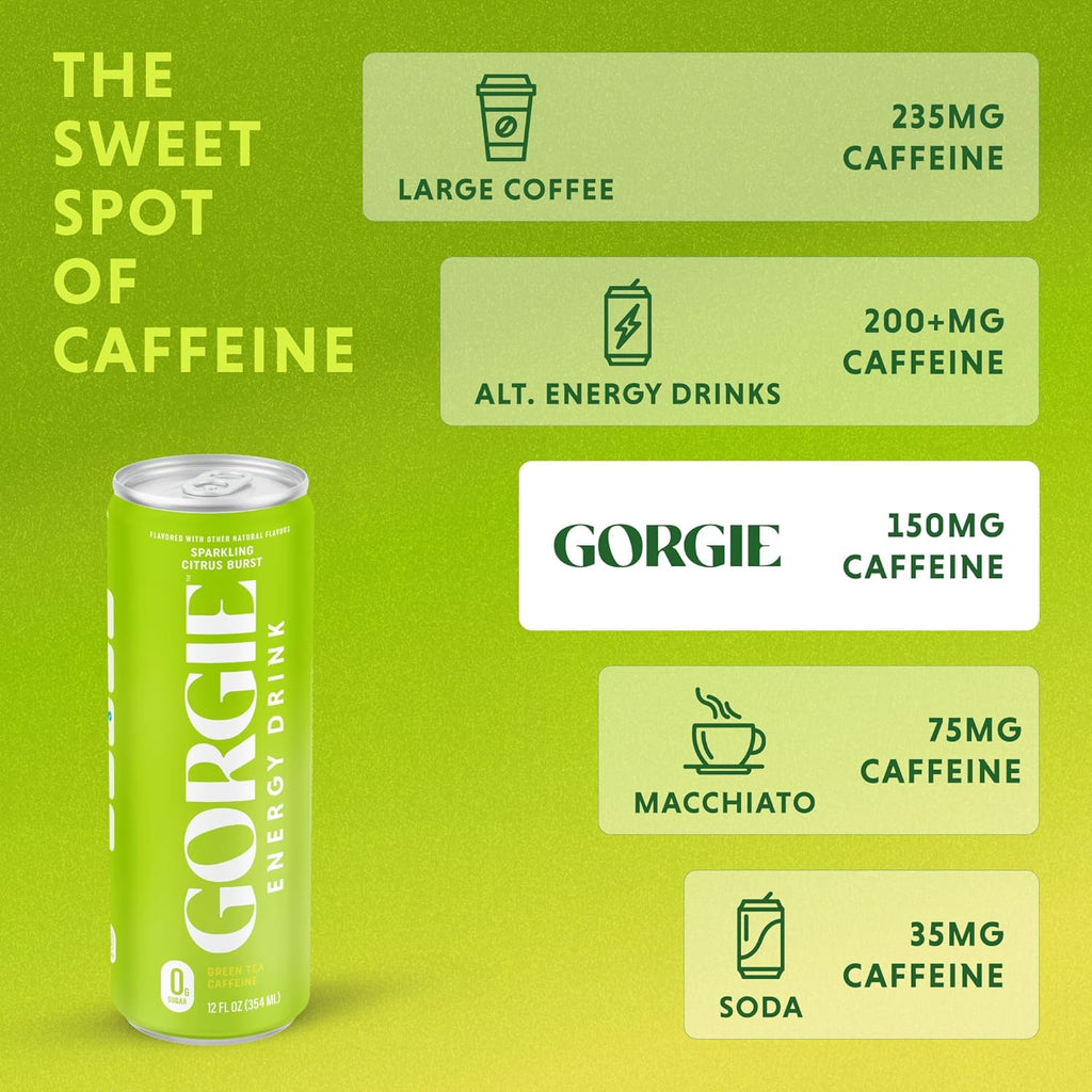 GORGIE Sugar Free Natural Energy Drinks, Sparkling Citrus Burst (12 Pack) - Healthy Energy Drinks - Natural Coffee Replacement with Green Tea Caffeine and Biotin - 150mg Caffeine, Vegan, & Low Calorie