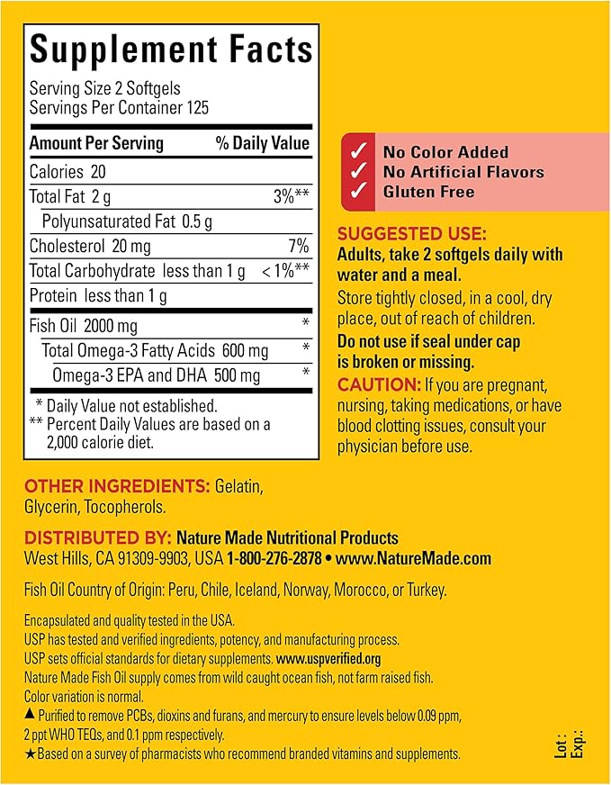 Nature Made Fish Oil Omega 3 Supplements, 2000mg Per Serving Softgels, Omega 3 Fish Oil for Healthy Heart Support, 250 Softgels, 125 Day Supply