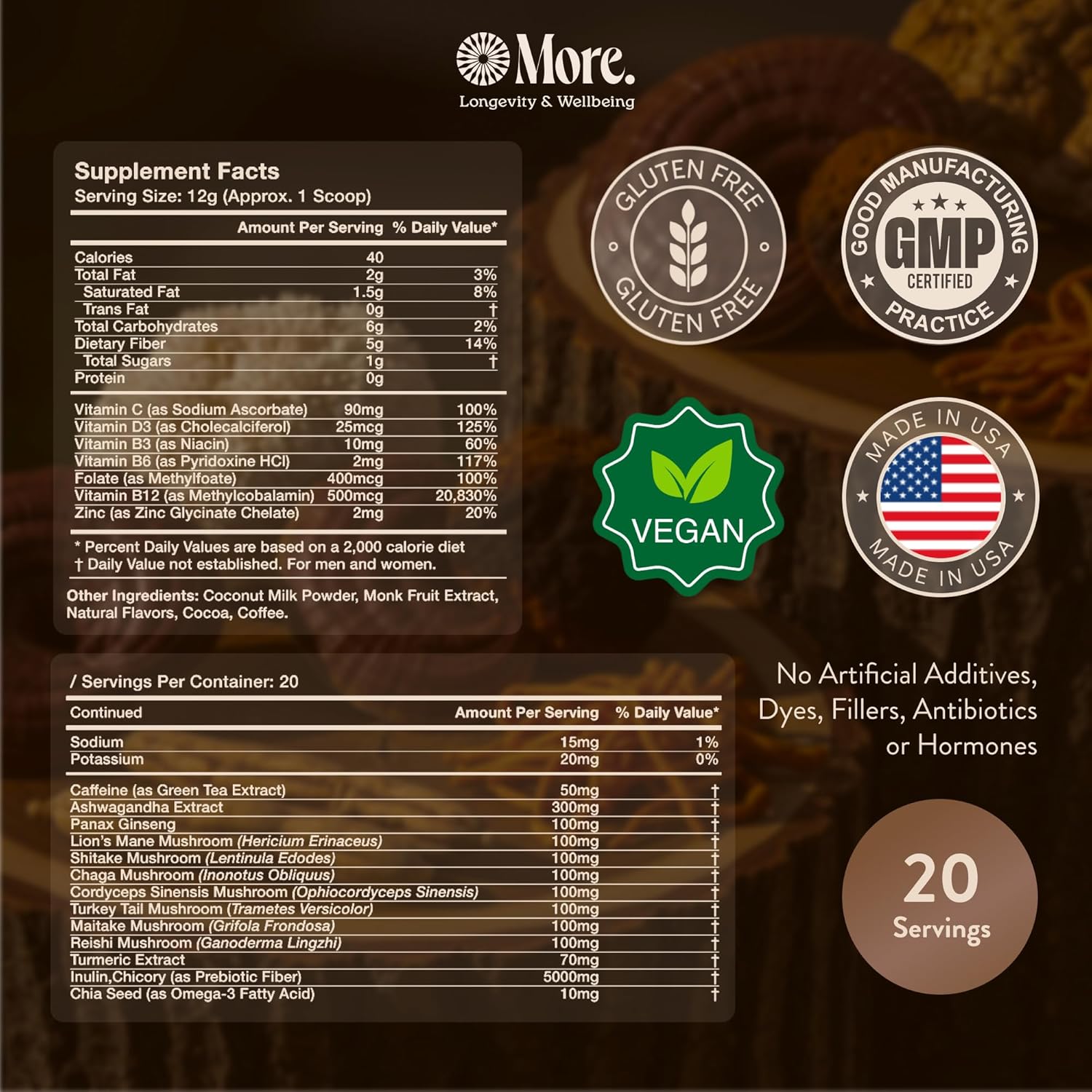 More. Longevity & Wellbeing Mushroom Coffee Superfood – 7 Functional Mushrooms with Lion’s Mane, Reishi, Chaga & Ashwagandha Extract, Instant Coffee Alternative with Prebiotics and Essential Vitamins for Focus & Energy, Salted Caramel Vanilla