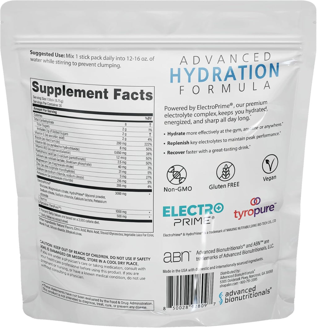 Advanced Bionutritionals Advanced Hydration Formula Electrolyte Drink Mix Powder with ElectroPrime®, L-Taurine, TyroPure™, B-Vitamins, Vitamin C – Strawberry Watermelon – 30 Stick Packs