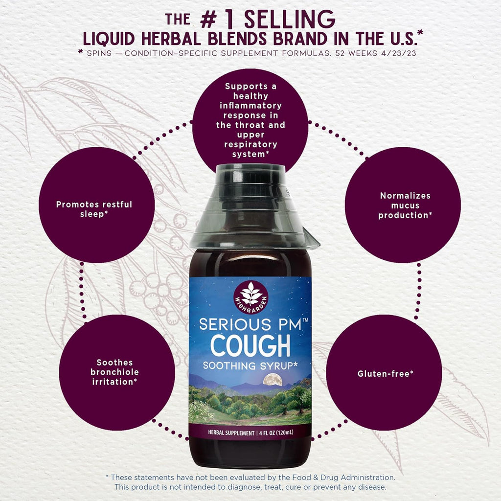 WishGarden Herbs Serious Cough PM Soothing Syrup - Natural Herbal Nighttime Cough Suppressant for Adults with Mullein Leaf Calms Cough Reflex, Normalizes Mucus Production, Supports Restful Sleep, 4oz