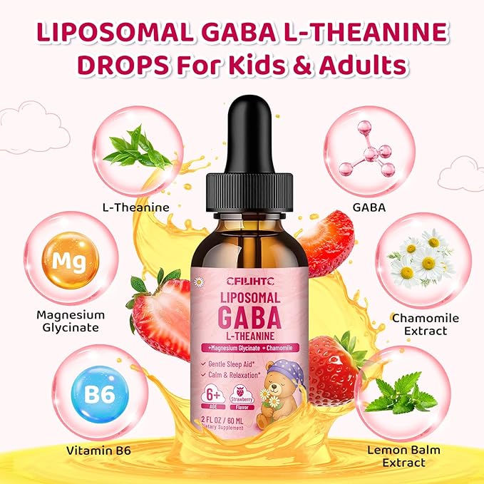 2 Pack Liposomal GABA L-Theanine Drops for Kids - Liquid GABA Supplement with Magnesium, Chamomile, Lemon Balm & Vitamin B6 - Support Relaxation, Focus & Stress Relief for Kids & Adults - Strawberry