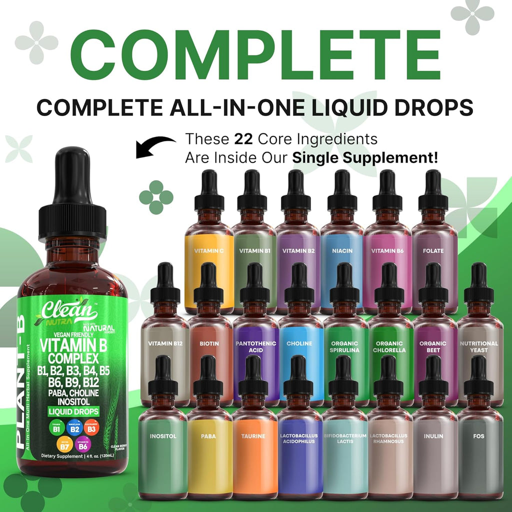 Vitamin B Complex Liquid Drops | Thiamine B1, B6, B2, B3, B4, B5, B7 B9, B12, Niacinamide, Paba, Choline Inositol Taurine Probiotics Beet Root Spirulina - Plant-B Vitamin Supplements - Clean Nutra (2)