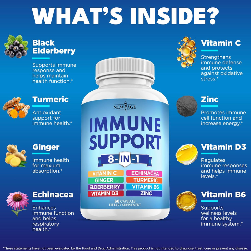 8 in 1 Immune Support Booster Supplement with Echinacea, Vitamin C and Zinc 50mg, Vitamin D 5000 IU, Turmeric Curcumin & Ginger, B6, Elderberry (8 in 1 Capsules (Pack of 5))