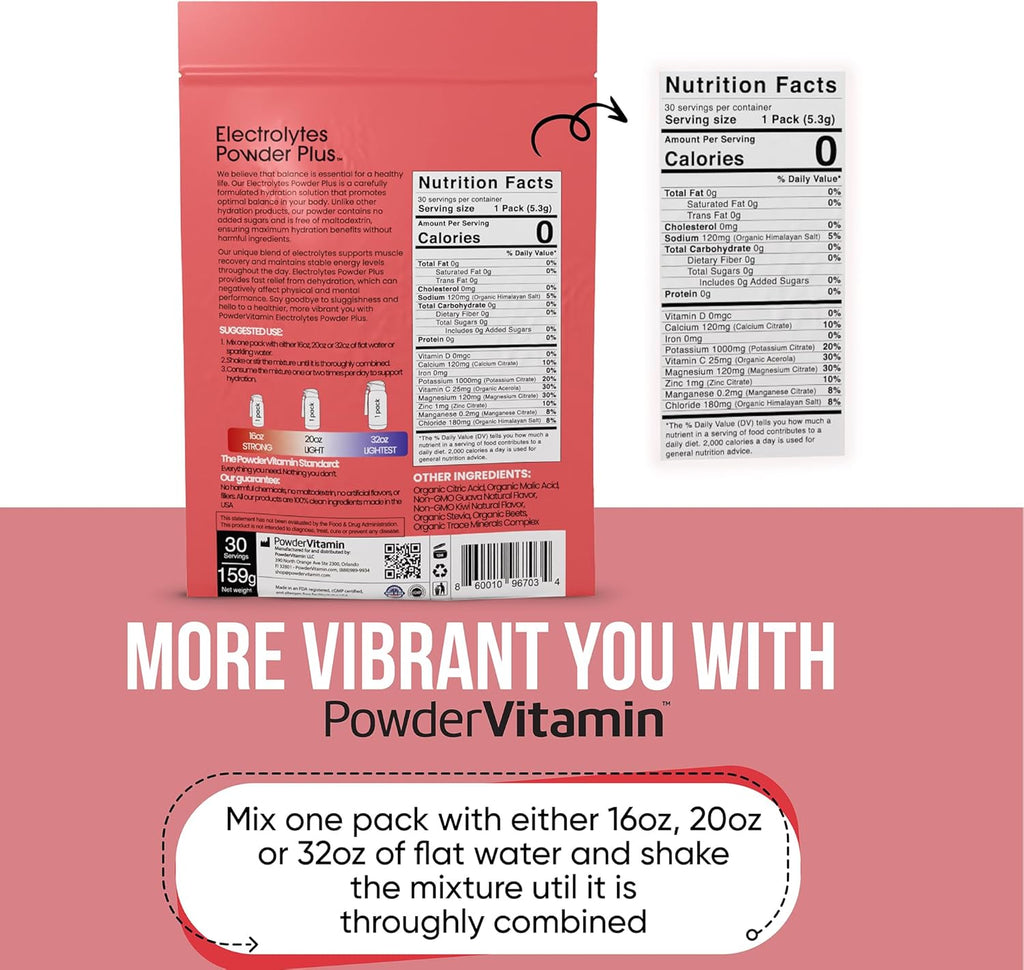 PowderVitamin Electrolytes Powder Plus, Keto, Guava Kiwi, Zero Sugar, 1000mg Potassium, 120mg Calcium, 120mg Magnesium, Non-GMO, Zero Calories, 30 Hydration Packets