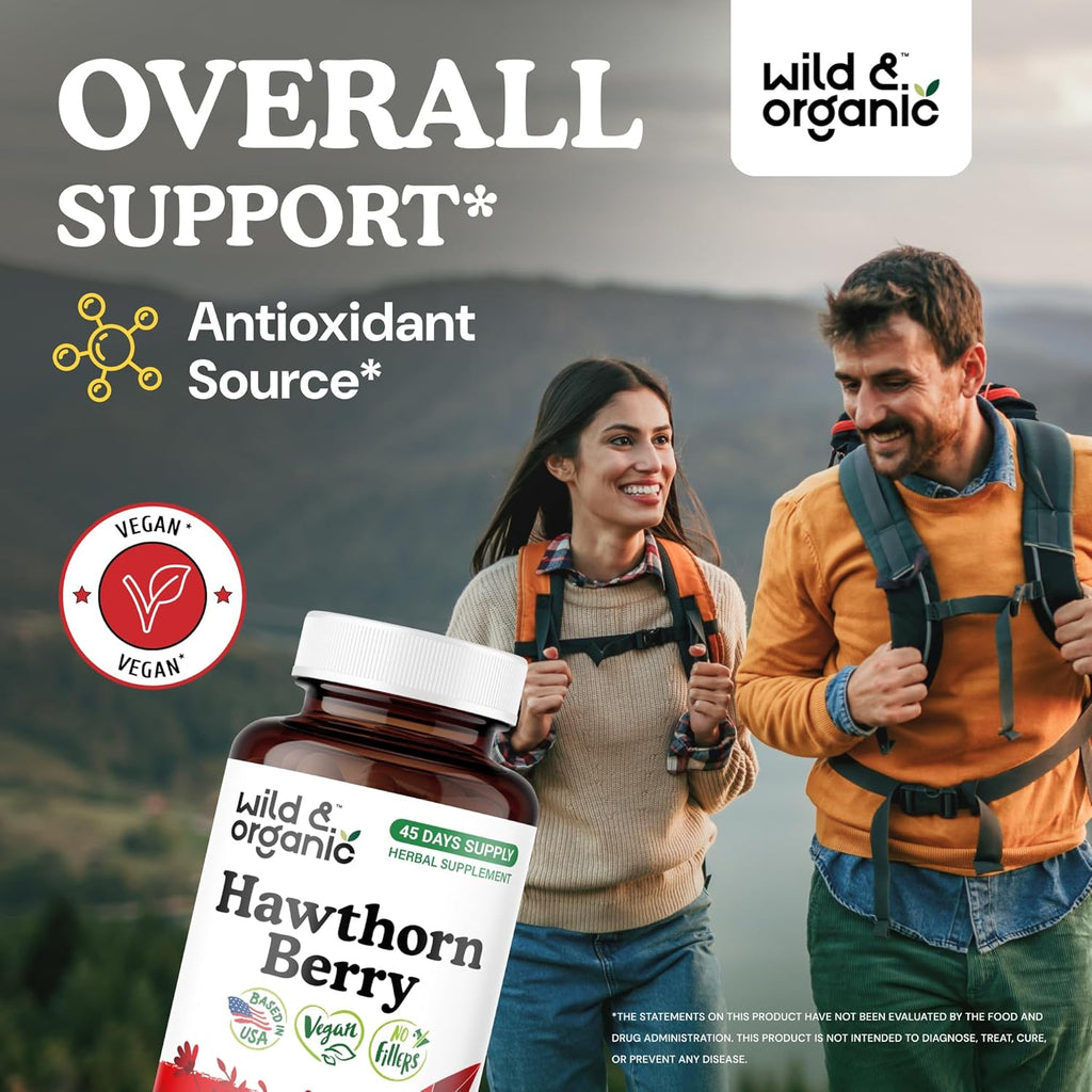 Wild & Organic Hawthorn Berry Capsules 1200 mg - Overall Support - Hawthorne Berry Supplement - Crataegus Monogyna Fruit Powder - 45 Days of Supply - Vegan, No Fillers, Non-GMO - 90 Count