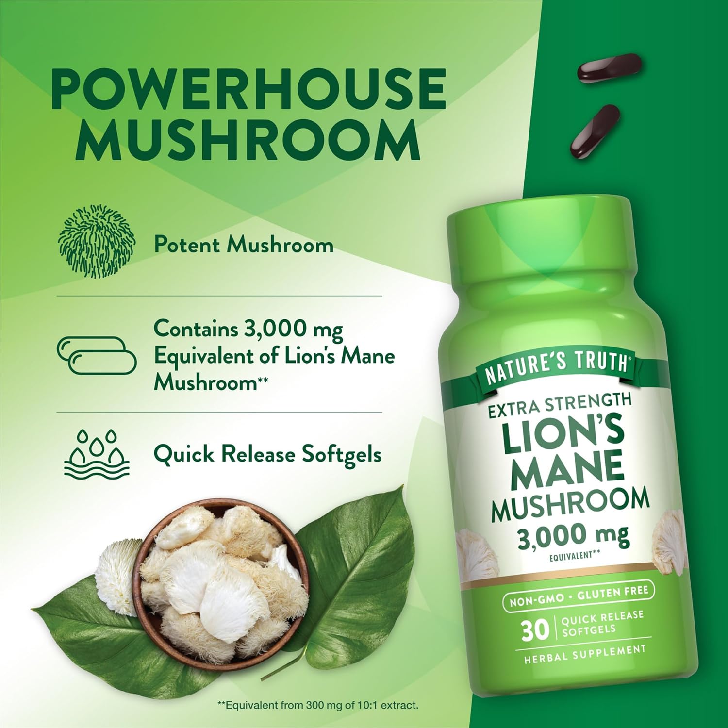 Nature's Truth Lions Mane Extract Softgels | 3,000mg | 30 Count | Extra Strength | Non GMO & Gluten Free Supplement