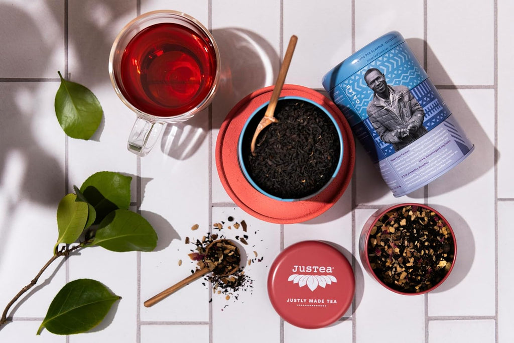 JusTea Black Tea Trio | Stacking Tins Variety Pack with Hand Carved Tea Spoon | Loose Leaf Tea | High Caffeine | Award-Winning | Fair Trade | Non-GMO