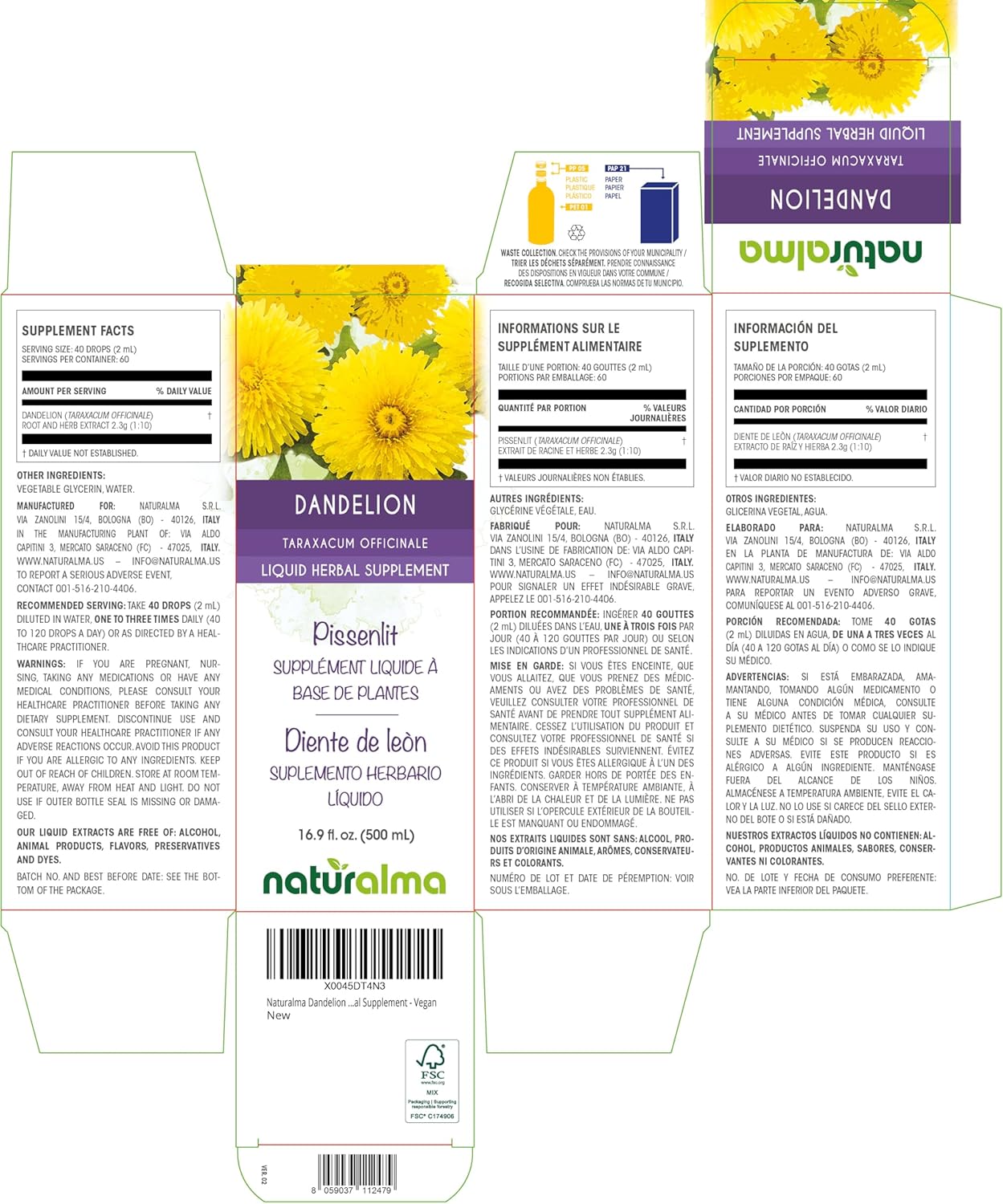 Naturalma Dandelion (Taraxacum officinale) Root and herb Alcohol-Free Tincture - 16.9 fl oz Liquid Extract in Drops - Herbal Supplement - Vegan