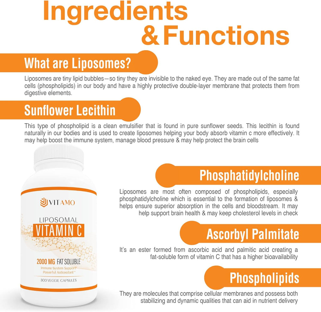 Liposomal Vitamin C 2000mg | Superior Delivery System | 300 Capsules Immune Support & Collagen Booster | High Absorption Ascorbic Acid, High Dose Vitamin c, Zero Soy, 100% Non–GMO