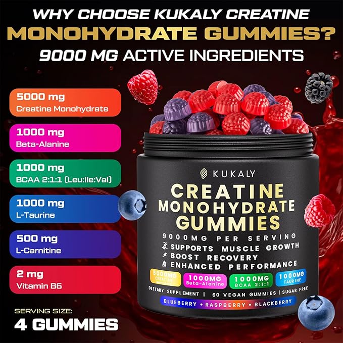 Creatine Monohydrate Gummies for Men & Women, 9000MG Creatine Gummies Sugar Free - Mixed Flavored with L-Taurine, BCAA 2:1, B12 B6 for Boost Strength, Focus & Endurance, Vegan, Non-GMO, 60pcs