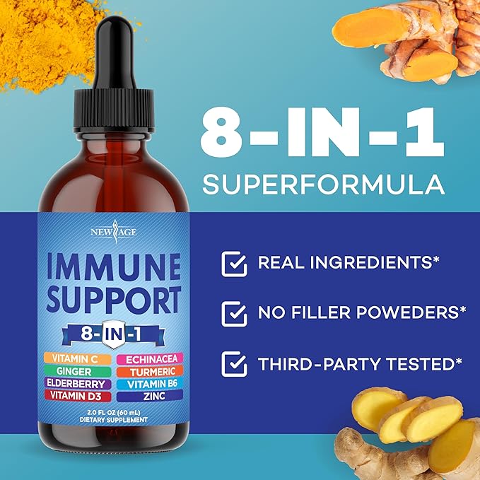 NEW AGE 8-in-1 Immune Support Liquid Drops – Elderberry, Turmeric Curcumin, Echinacea, Ginger, Vitamins C & D3, Zinc & B6 – Fast-Absorbing Immune & Antioxidant Support – Vegan, Non-GMO – 4 oz