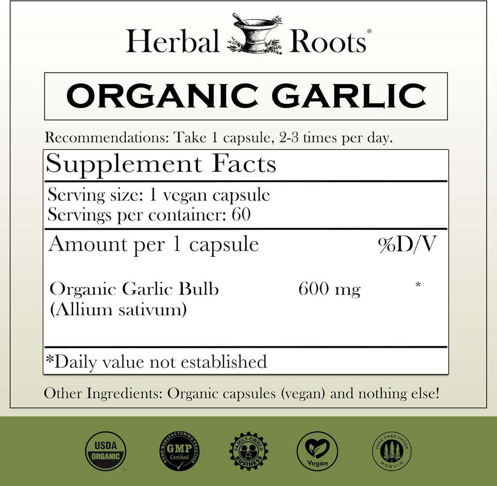 Herbal Roots Organic Whole Bulb Garlic Pills - Potent Extra Strength | 600 mg - 60 Organic Vegan Capsules