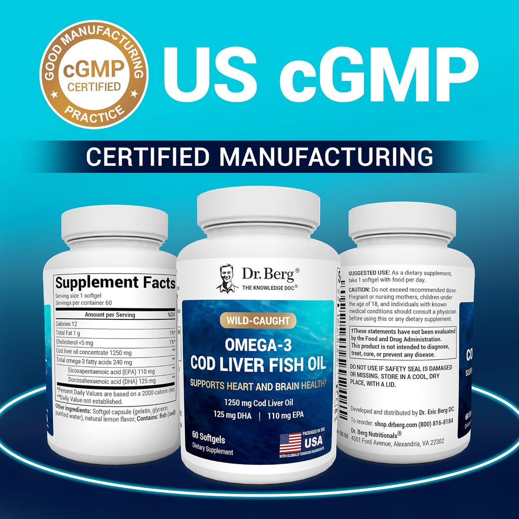 Dr. Berg Maximum Strength Omega-3 Cod Liver Fish Oil (1250 mg) from Wild-Caught Cod - Lemon-Flavored Omega-3 Fish Oil for Women & Men - EPA DHA Supplement – 60 Softgels