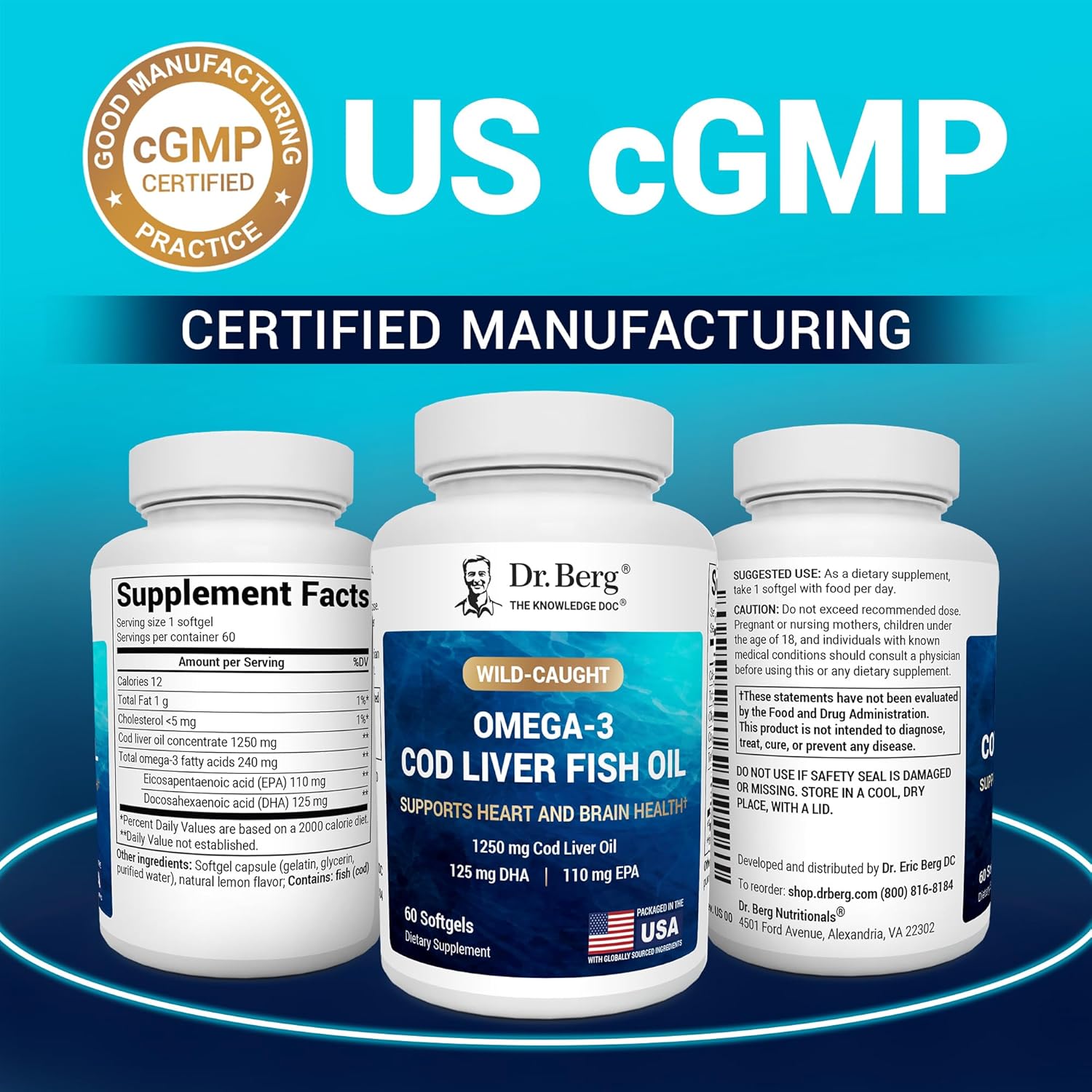 Dr. Berg Maximum Strength Omega-3 Cod Liver Fish Oil (1250 mg) from Wild-Caught Cod - Lemon-Flavored Omega-3 Fish Oil for Women & Men - EPA DHA Supplement – 60 Softgels