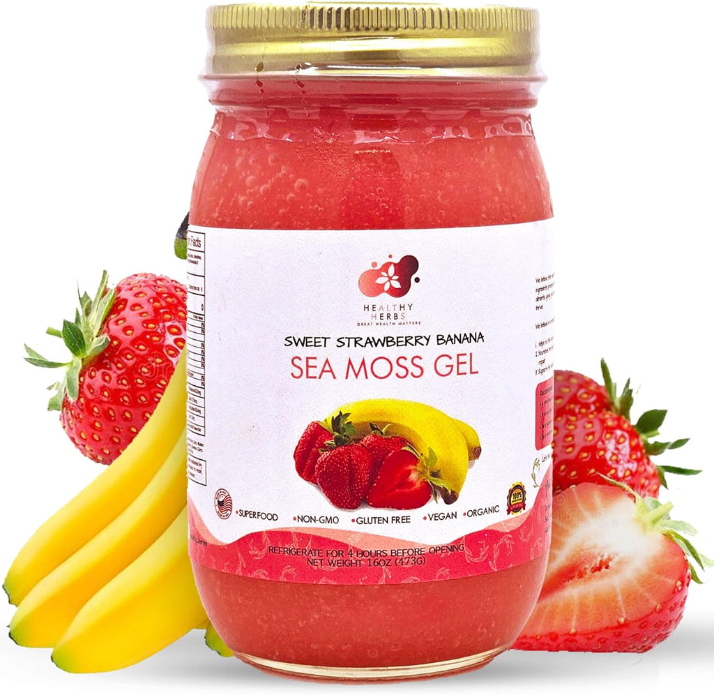 Healthy Herbs Sea Moss Gel (Sweet Strawberry Banana) Wildcrafted from Jamaican St Lucia Gold Seamoss | Wild-Harvested Superfood Rich In Essential Vitamins & Minerals | Vegan, Non-GMO, US-Made (16 oz.)