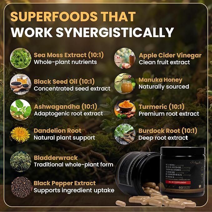 True Sea Moss Black Seed Oil Ashwagandha Burdock Root, Tumeric Supplement with Manuka Honey, Dandelion Root ACV - 60 Capsules - Multi Vitamin