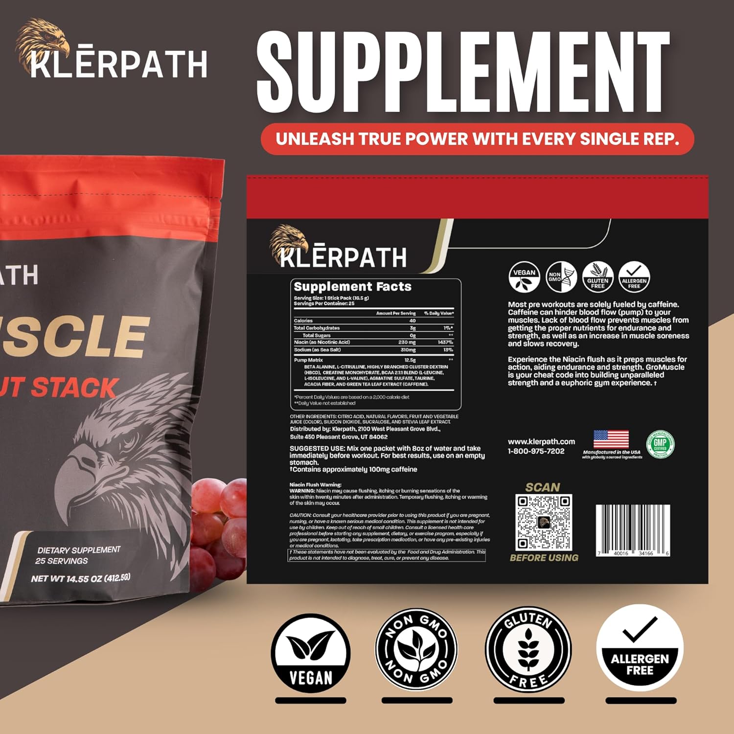 GRO Muscle Pre-Workout Supplement - Vegan, Non-GMO, Allergen and Gluten Free - Grape Crush, 25 Servings
